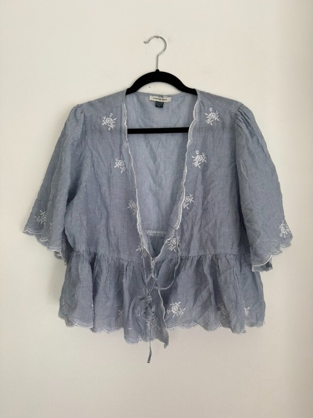 American Eagle Blue White Striped Embroidered Boho Peplum Babydoll Top Size XL - Picture 2 of 9